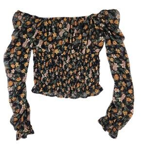 Rabbit Rose Womens S Sheer Long Sleeve Crop Top Floral Smocked Off the Shoulder